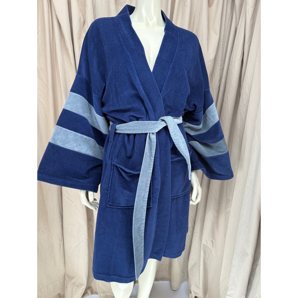 Montgomery Ward Blue Robe Contrast Stripe Sleeves Tie Belt Patch Pockets